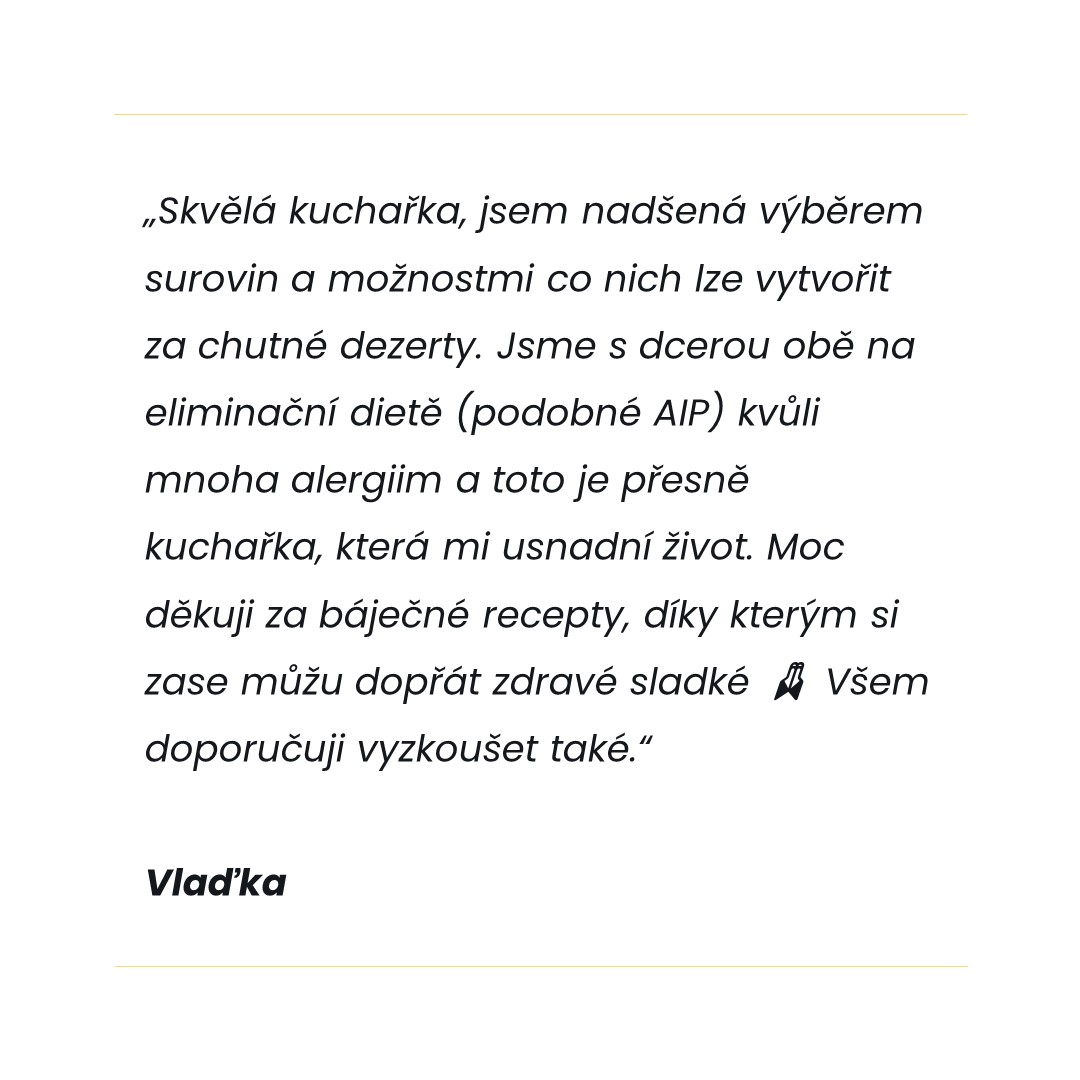 Moc děkuji Vlaďce za tuto krásnou recenzi na mou e-kuchařku DEZERTY BEZ ALERGENŮ. ❤️
Pokud i vás trápí potravinové alergie, nebo jen chcete vyzkoušet nějaké nové suroviny a postupy při přípravě sladkých jídel, pak je tato kuchařka přesně pro vás.
👉 E-kuchařku pořídíte u mě na webu, kde je pro vás připravena i ukázka zdarma:
https://www.receptyprozivot.cz/produkt/dezerty-bez-alergenu/
#zpetnavazba #mamradost #dekuji #dobrouchut #receptyprozivot #tvorimrecepty #receptybezlepku #bezlepku #receptybezmouky #bezmouky #zdravepeceni #zdravemlsani #pecemezdrave #jimezdrave #zdravestravovani #zdravastrava #jidlemkezdravi #dezertybezlepku #dezertybezalergenu #bezalergenu #bezmleka #bezvajec #bezorechu #bezmlekaavajec #bezlepkumlekavajec #bezlepkumlekavajecorechu